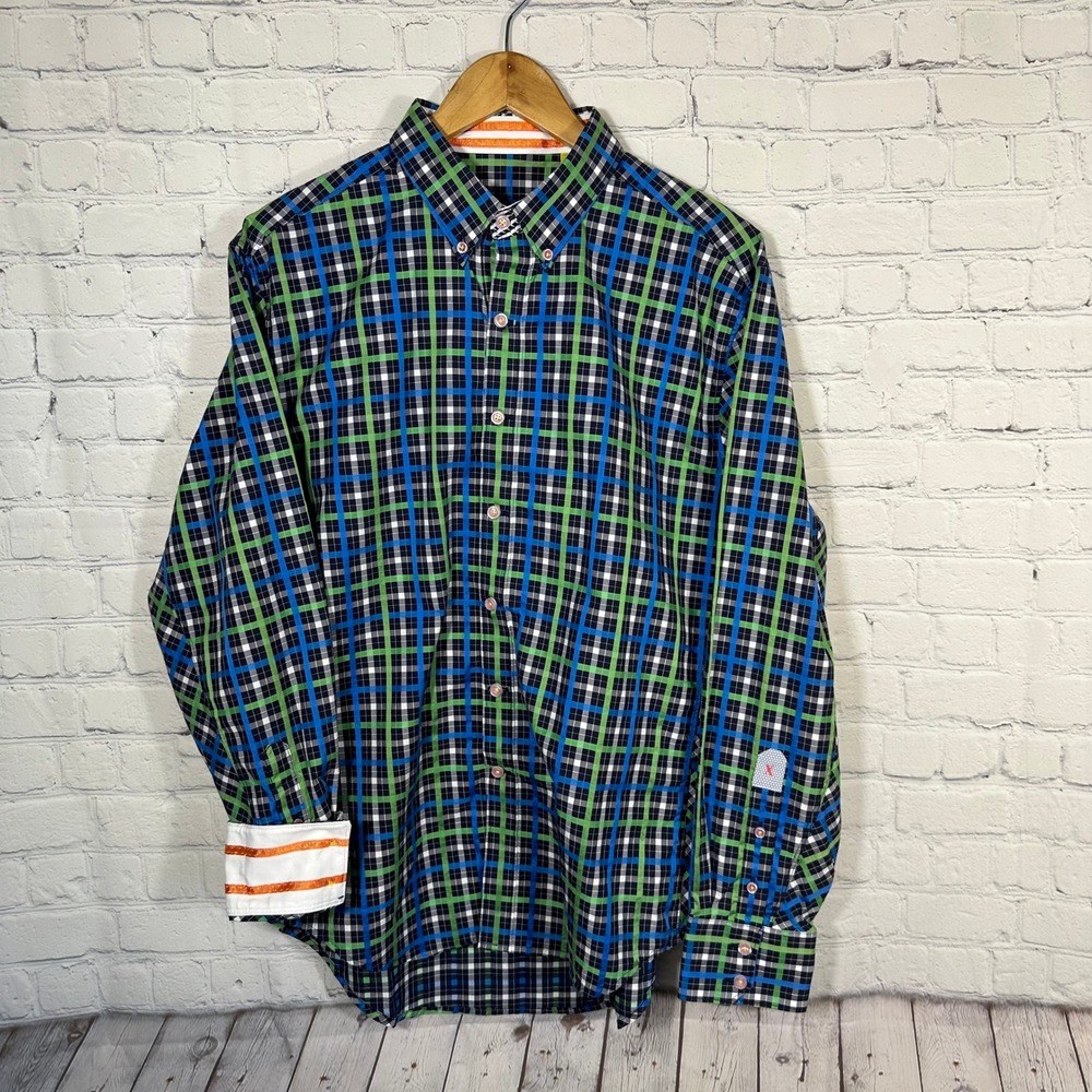 Robert Graham Mens Long Sleeve Plaid Button Down Shirt Green Blue Cotton L